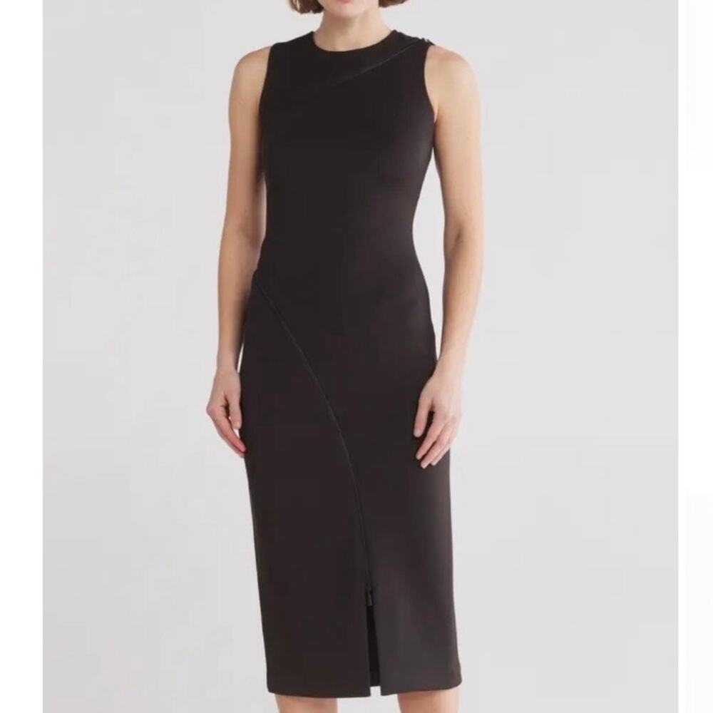 CALVIN KLEIN | Black Midi Sheath Zipper Detail Sleeveless‎ Neoprene Style | 16